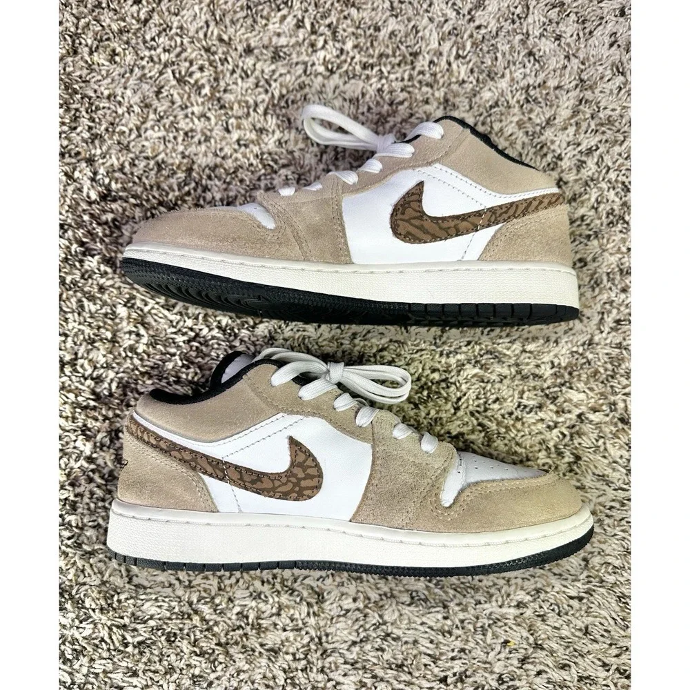 Nike Air Jordan 1 Low DZ5368-201 Patterned Swoosh Tan White Sneakers 4Y/5.5W - Picture 3 of 9